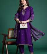 Women purple embroidered kurta set with dupatta