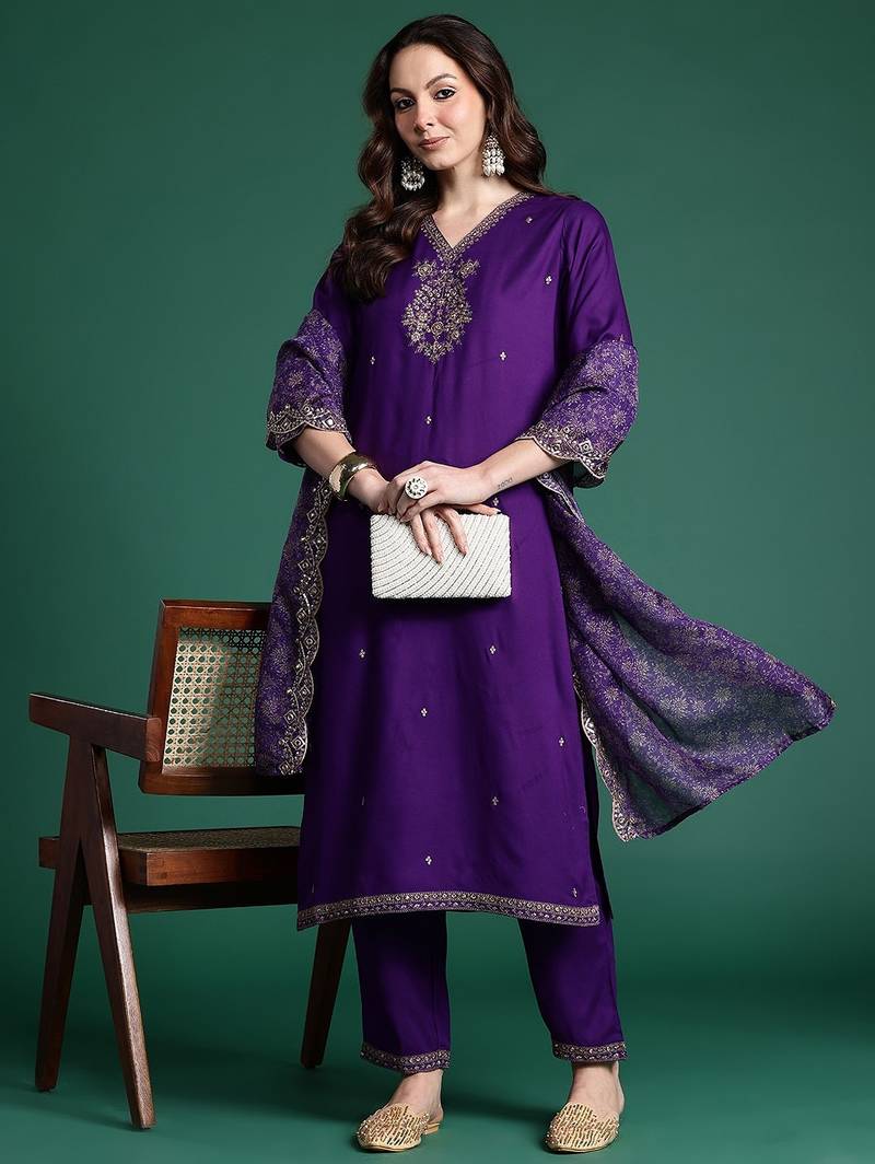 Women purple embroidered kurta set with dupatta