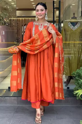Women rust embroidered anarkali kurta set with dupatta