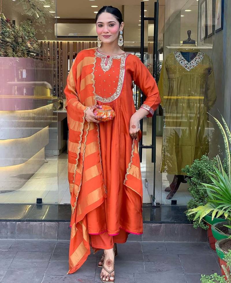 Women rust embroidered anarkali kurta set with dupatta