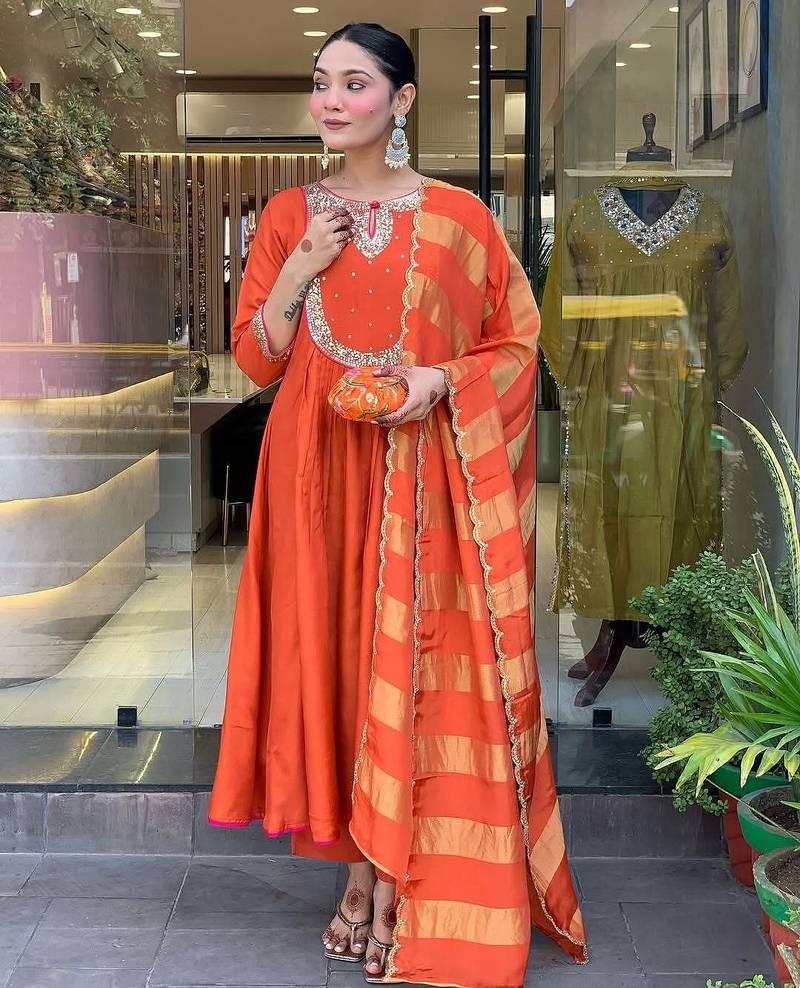Women rust embroidered anarkali kurta set with dupatta