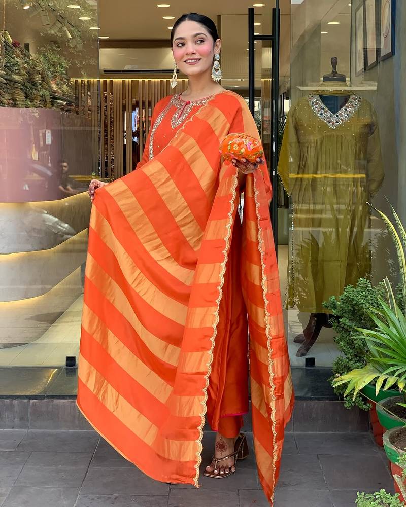 Women rust embroidered anarkali kurta set with dupatta