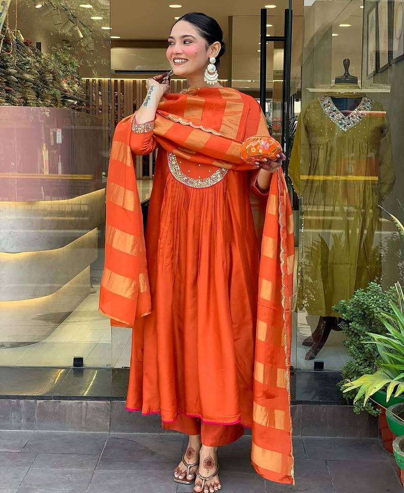 Women rust embroidered anarkali kurta set with dupatta