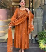 Elegant rust kurta set with embroidered dupatta