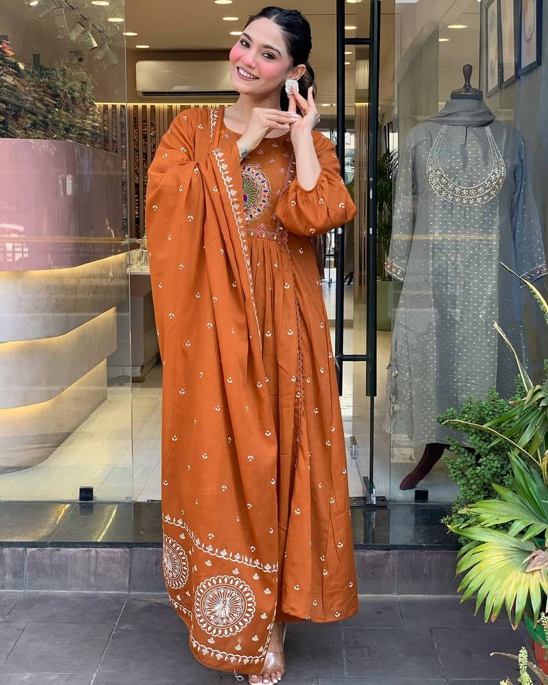 Elegant rust kurta set with embroidered dupatta