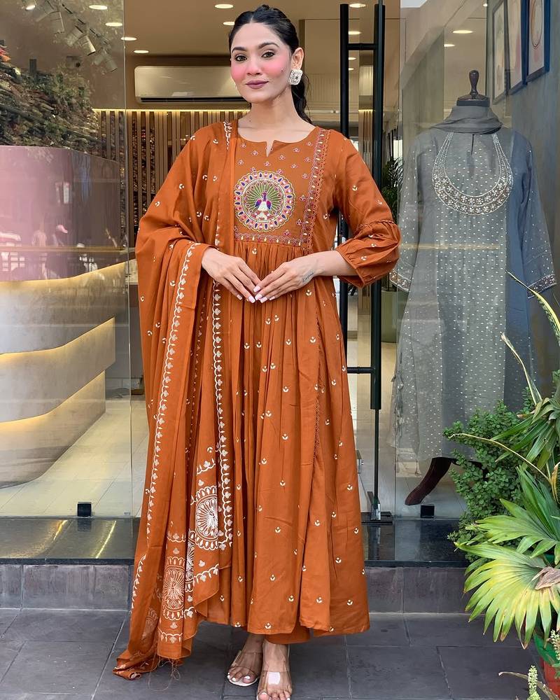 Elegant rust kurta set with embroidered dupatta