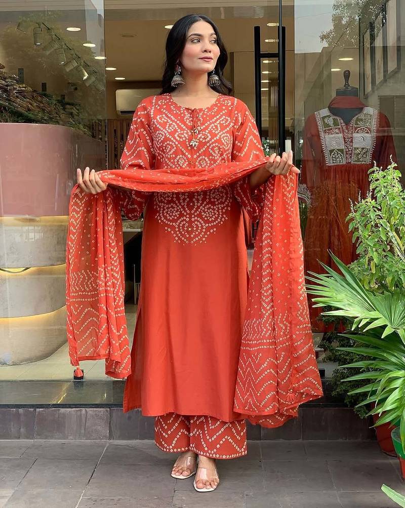 Women rust  printed kurta set with dupatta