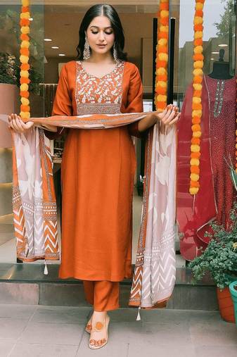 Women rust embroidered kurta set with printed dupatta