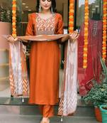 Women rust embroidered kurta set with printed dupatta