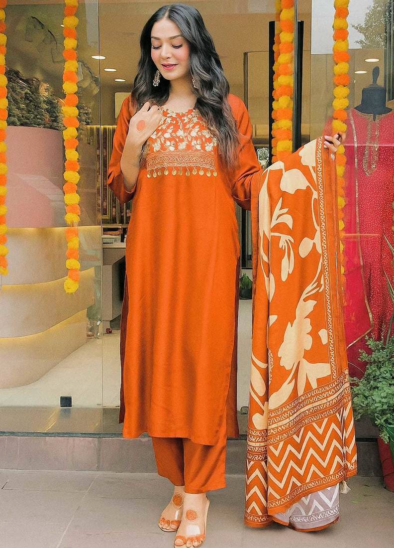 Women rust embroidered kurta set with printed dupatta