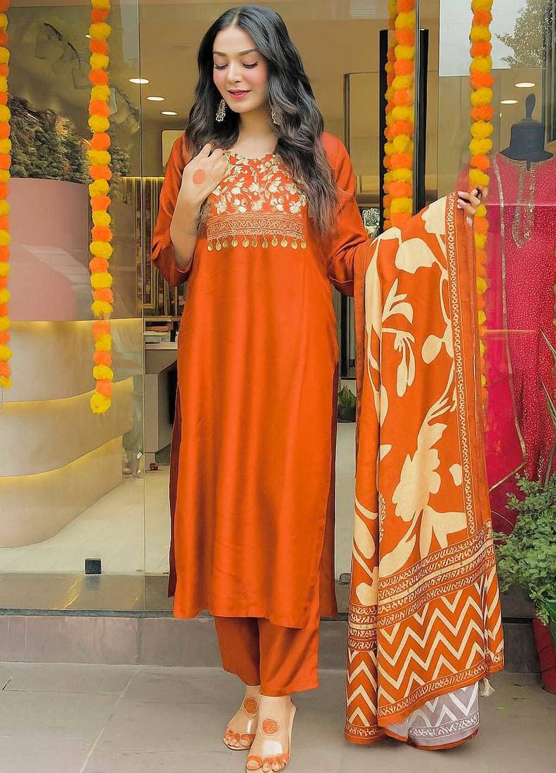 Women rust embroidered kurta set with printed dupatta