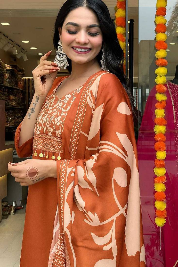 Women rust embroidered kurta set with printed dupatta