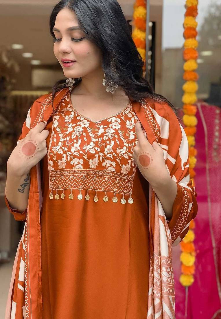Women rust embroidered kurta set with printed dupatta