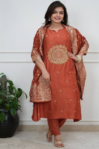 Womens elegant rust embroidered kurta with contrast dupatta