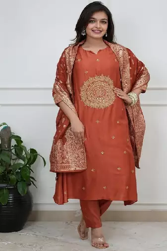 Womens elegant rust embroidered kurta with contrast dupatta