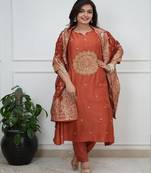 Womens elegant rust embroidered kurta with contrast dupatta