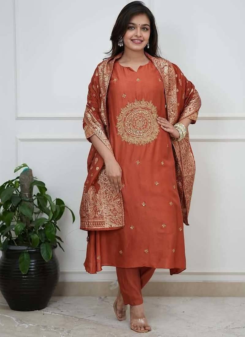 Womens elegant rust embroidered kurta with contrast dupatta