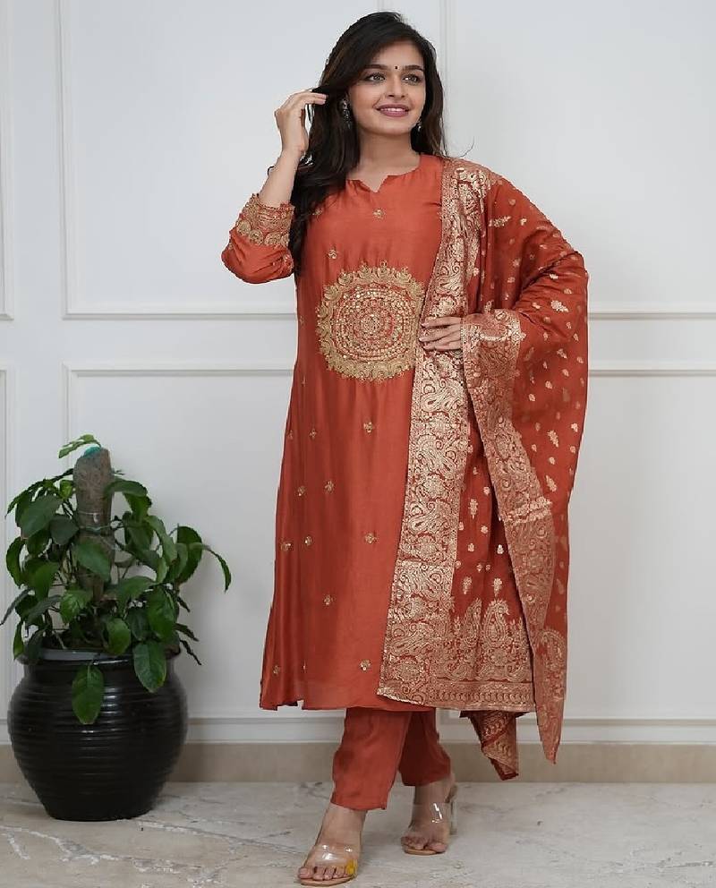 Womens elegant rust embroidered kurta with contrast dupatta