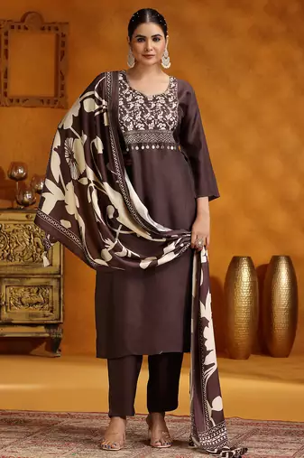 Stylish grey kurta palazzo set with floral print dupatta & ethnic embroidery