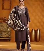 Stylish grey kurta palazzo set with floral print dupatta & ethnic embroidery