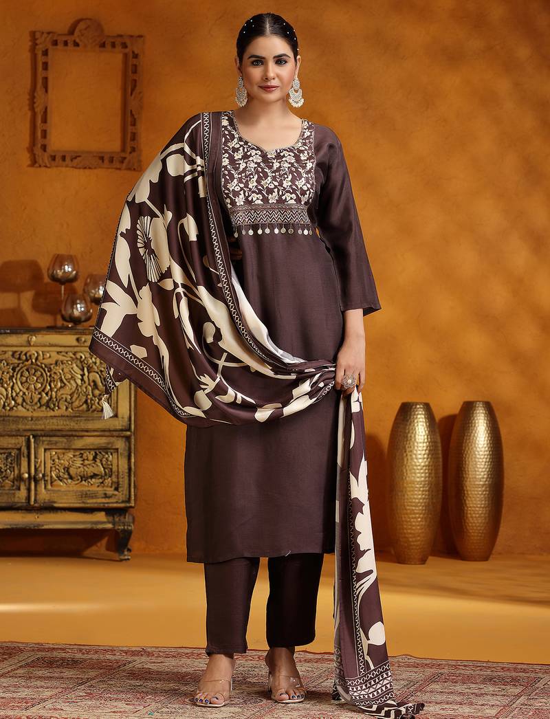 Stylish grey kurta palazzo set with floral print dupatta & ethnic embroidery
