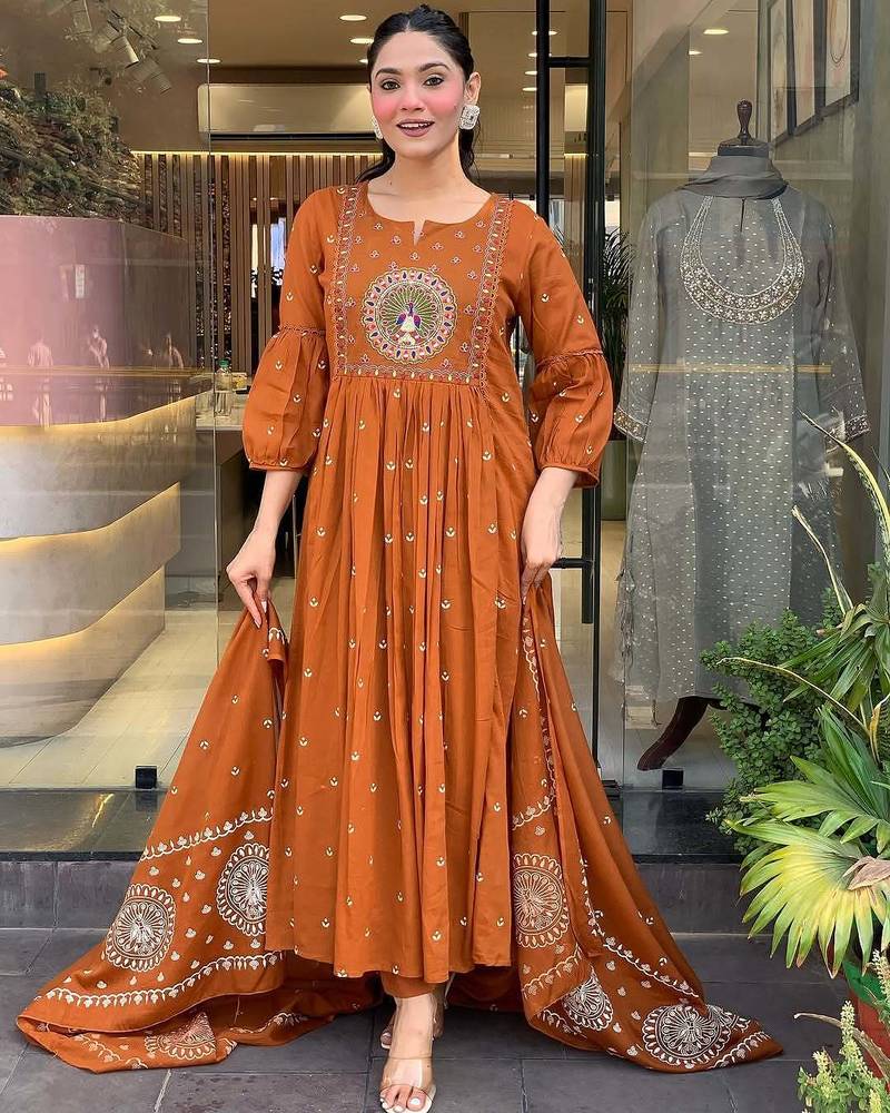 Elegant rust kurta set with embroidered dupatta