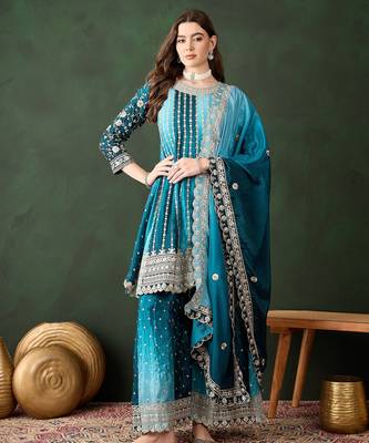 blue chinon embroidered round neck regular sleeve kurta palazzo sets 1