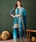 blue chinon embroidered round neck regular sleeve kurta palazzo sets