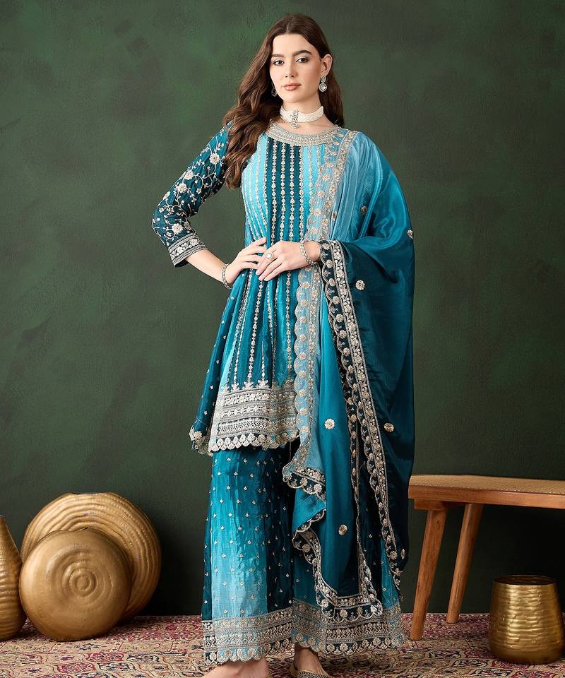 blue chinon embroidered round neck regular sleeve kurta palazzo sets