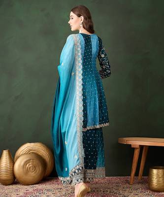 blue chinon embroidered round neck regular sleeve kurta palazzo sets 2