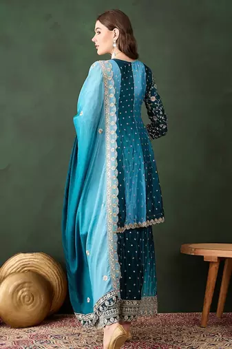 blue chinon embroidered round neck regular sleeve kurta palazzo sets