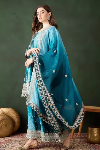 blue chinon embroidered round neck regular sleeve kurta palazzo sets