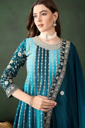 blue chinon embroidered round neck regular sleeve kurta palazzo sets