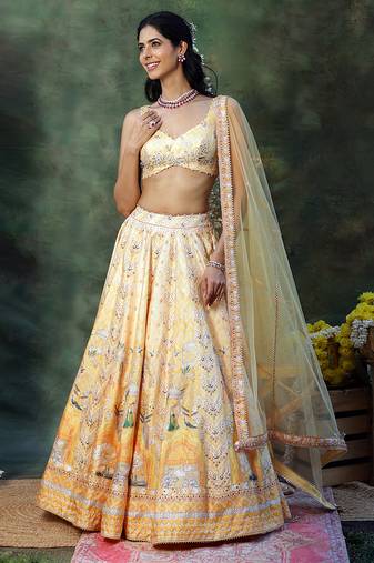 Yellow Embroidered Raw Silk Lehenga Set