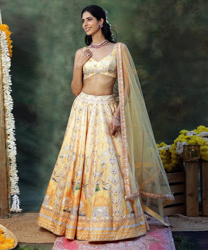 Yellow Embroidered Raw Silk Lehenga Set
