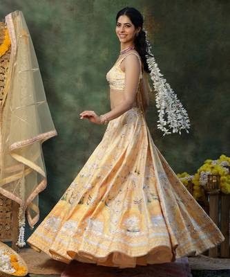 Yellow Embroidered Raw Silk Lehenga Set 2