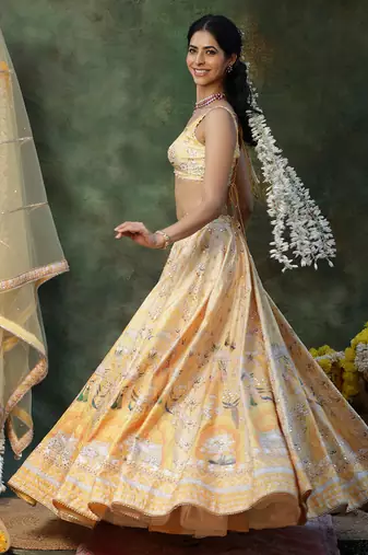 Yellow Embroidered Raw Silk Lehenga Set