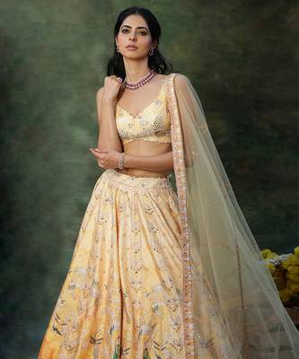 Yellow Embroidered Raw Silk Lehenga Set 3