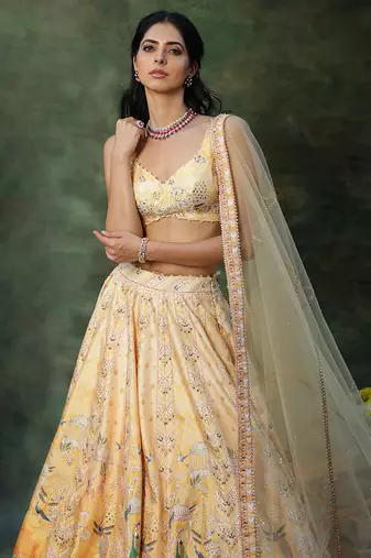Yellow Embroidered Raw Silk Lehenga Set