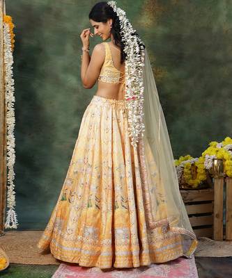 Yellow Embroidered Raw Silk Lehenga Set 4