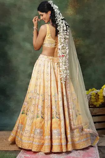 Yellow Embroidered Raw Silk Lehenga Set