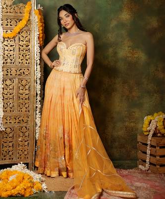 Yellow Embroidered Organza Lehenga Set 1
