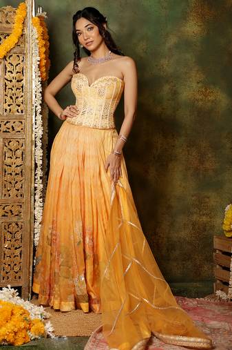 Yellow Embroidered Organza Lehenga Set
