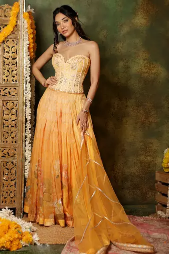 Yellow Embroidered Organza Lehenga Set