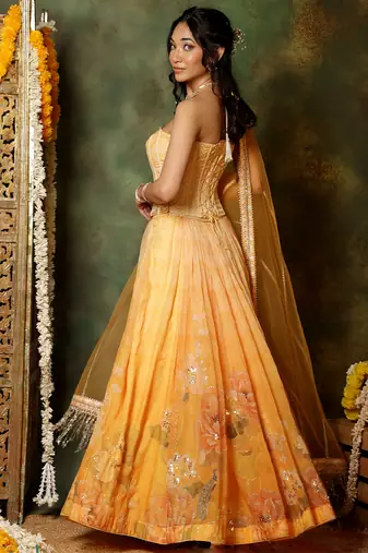 Yellow Embroidered Organza Lehenga Set