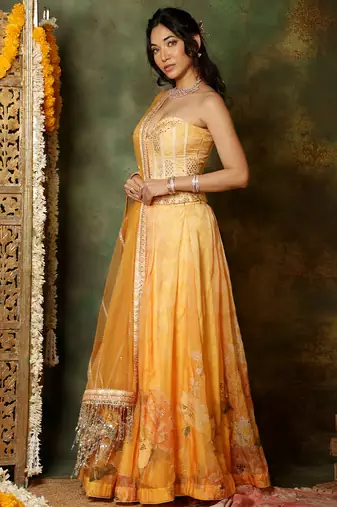 Yellow Embroidered Organza Lehenga Set