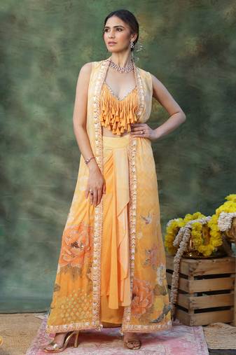 Yellow Embroidered Georgette Lehenga Set