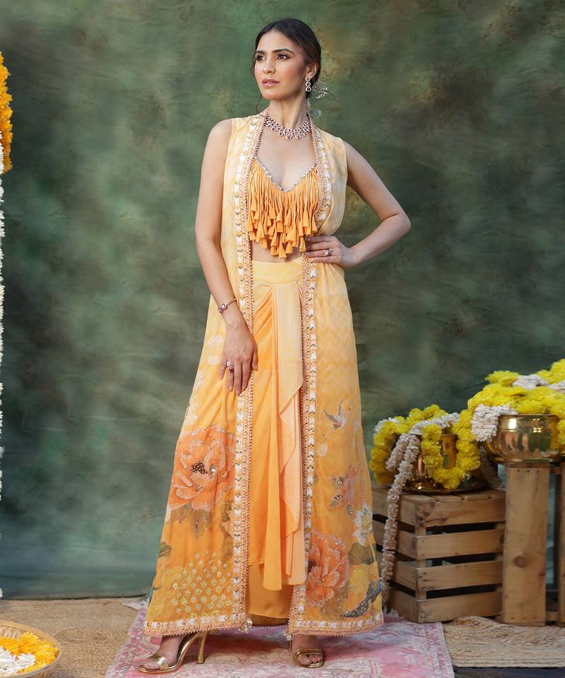 Yellow Embroidered Georgette Lehenga Set