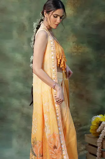 Yellow Embroidered Georgette Lehenga Set