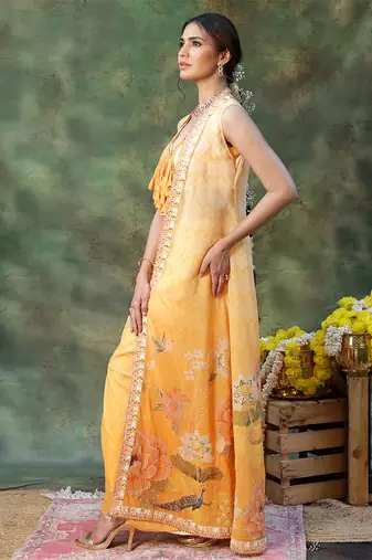 Yellow Embroidered Georgette Lehenga Set